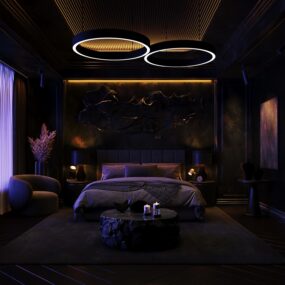 An all-black moody bedroom with sculptural flowing wall art above the bed, dual LED ring chandeliers, slat ceiling, stone coffee table, and boucle chair.