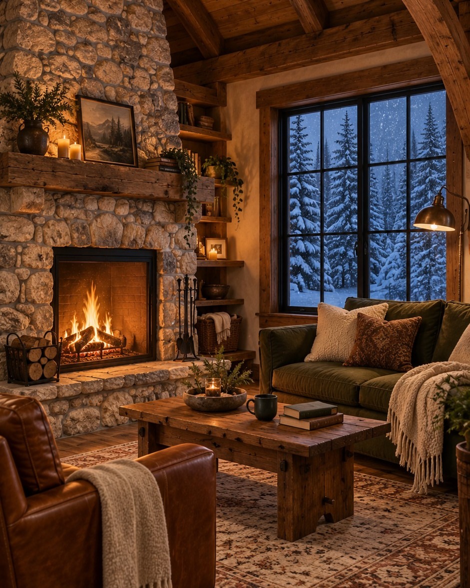 mountain-cabin-fireplace-nook-winter-cottage-living-room