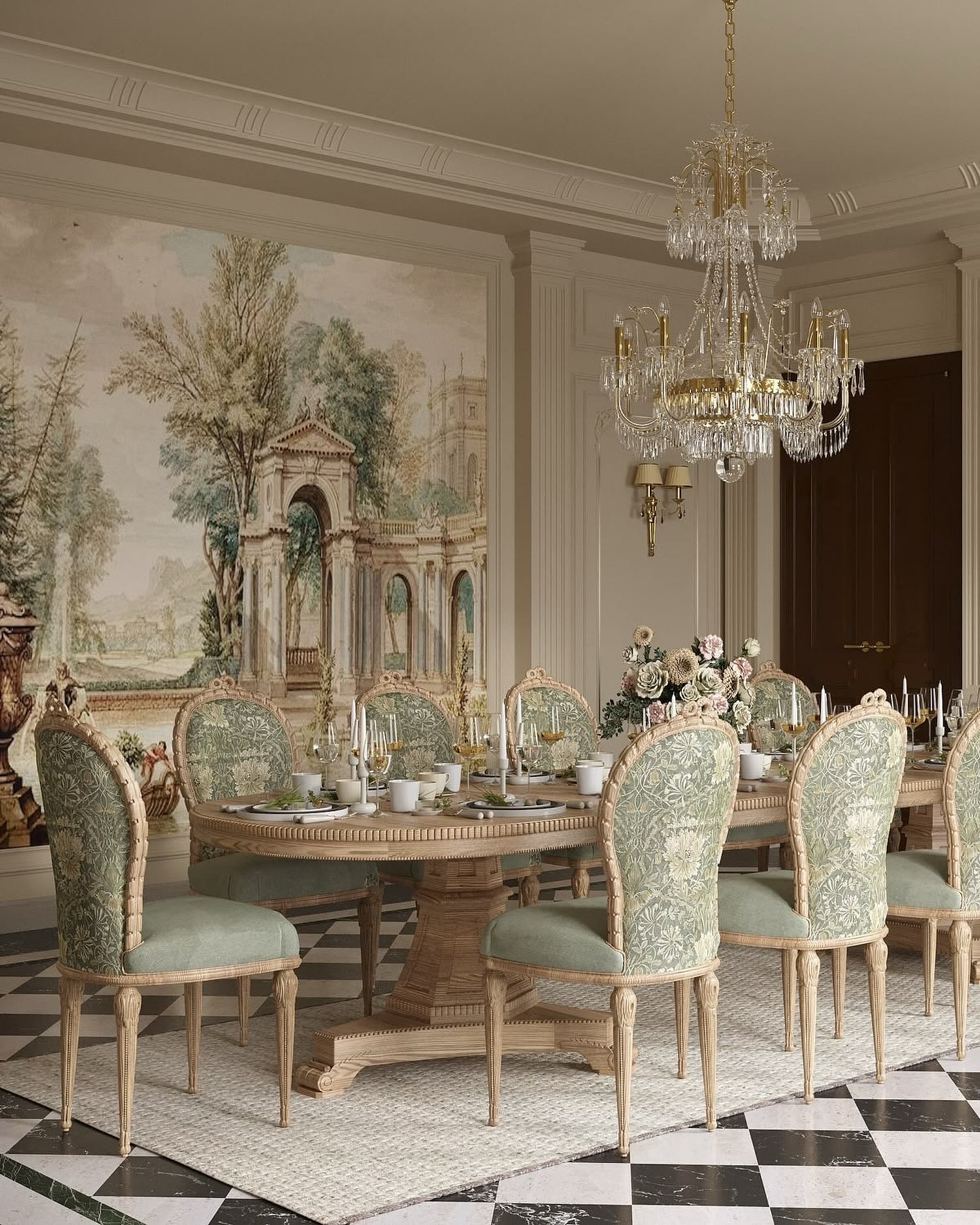 mural-wall-dining-room-with-checkered-floor-eserproje