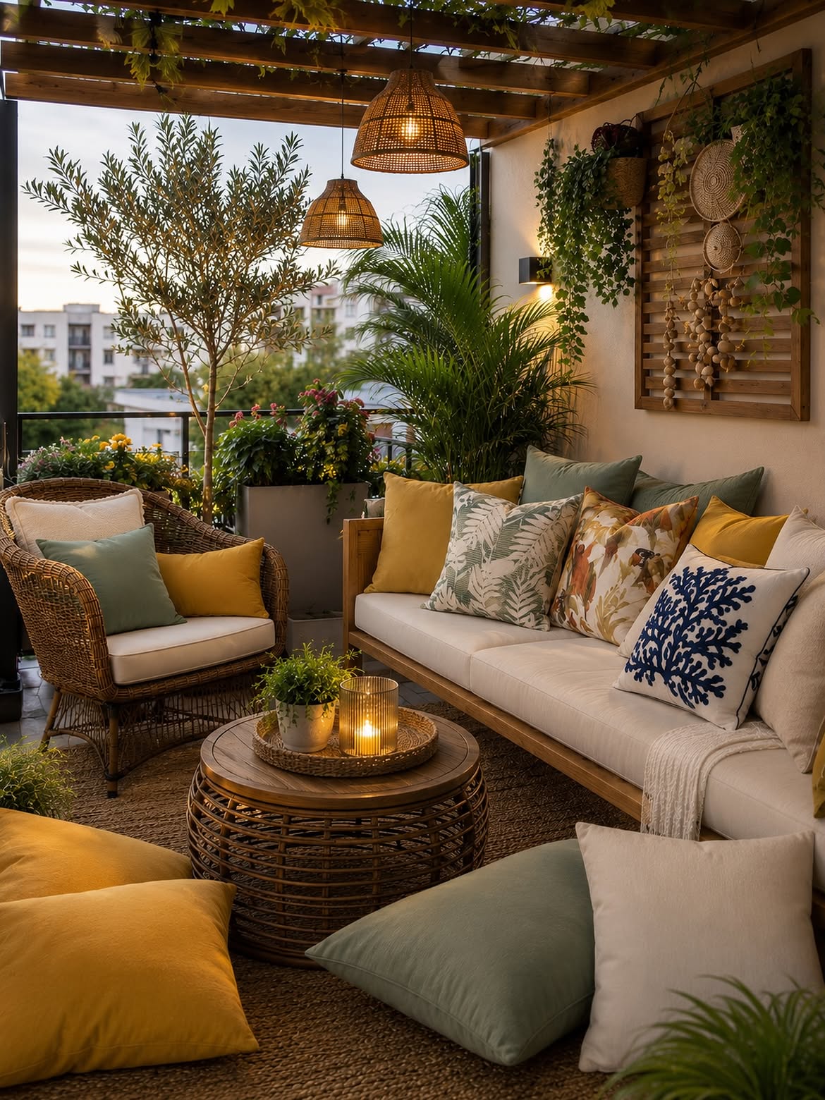 mustard-yellow-sage-green-botanical-cushions-rattan-sofa-cozy-balcony-lanterns