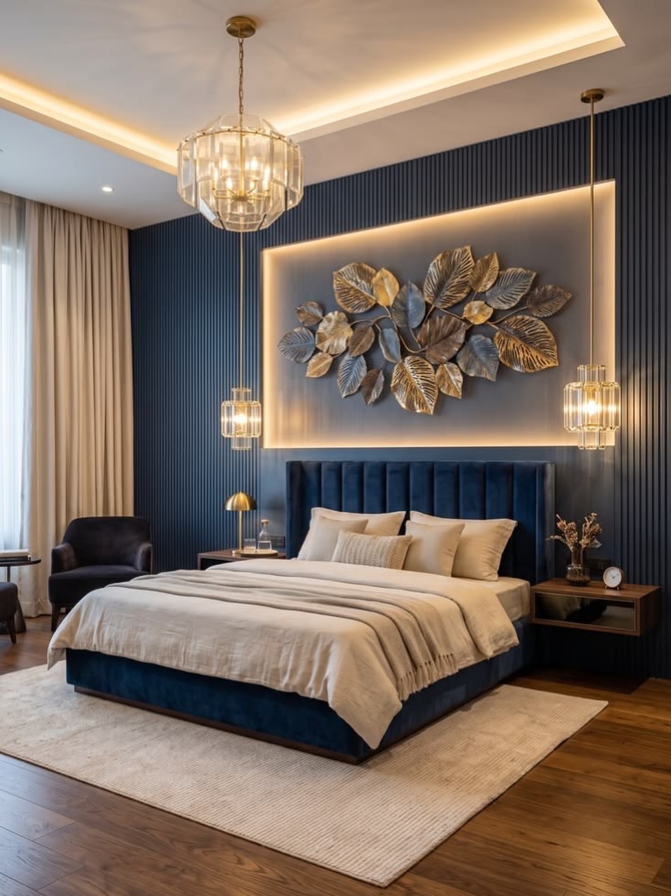 navy-bedroom-gold-leaf-wall-sculpture