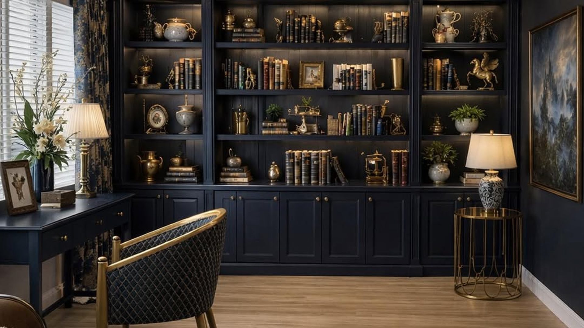 navy-blue-library-built-in-brass-picture-lights-leather-books-reading-chair