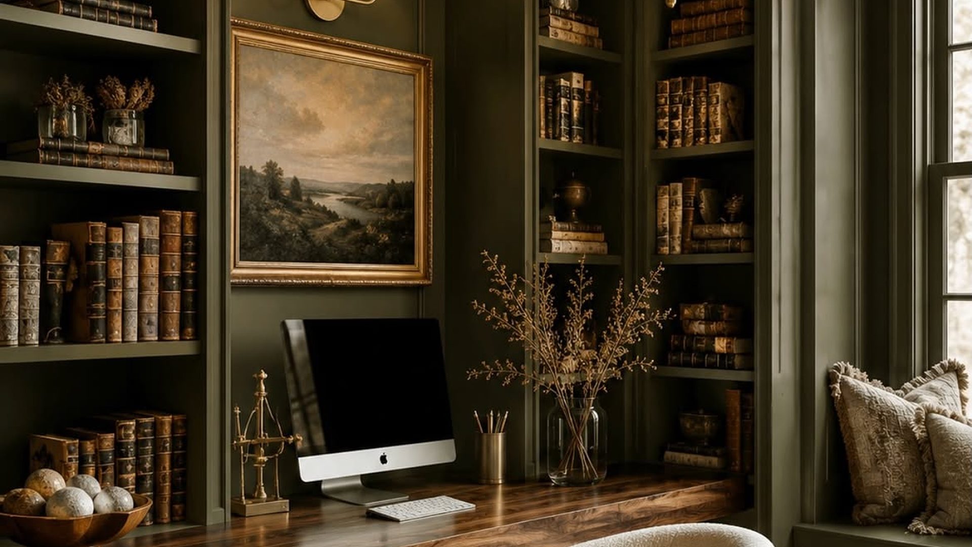 olive-green-home-office-built-in-walnut-desk-brass-chandelier-landscape-painting-boucle-chair
