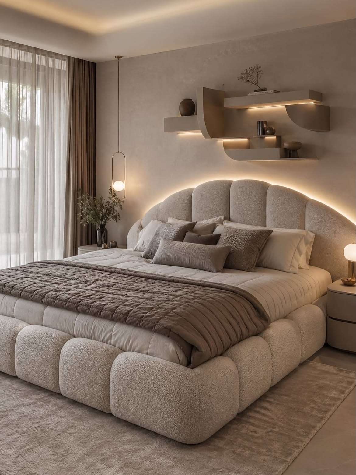 oversized-boucle-scalloped-headboard-with-shelf-wall