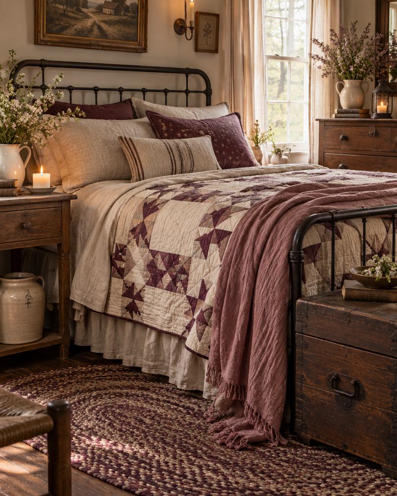 patchwork-quilt-iron-bed-frame-country-bedroom
