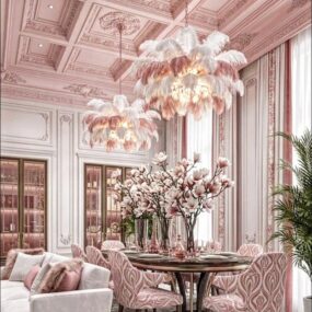 A glamorous pink dining room with coffered ceiling, two feather chandeliers, patterned pink armchairs around a round table, magnolia branch centerpieces, and a cream velvet sofa.