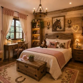 A rustic cowgirl-themed girls bedroom with a reclaimed wood accent wall, horse painting, pink quilted bedding, wooden chest with a pink cowboy hat, and horseshoe decor.