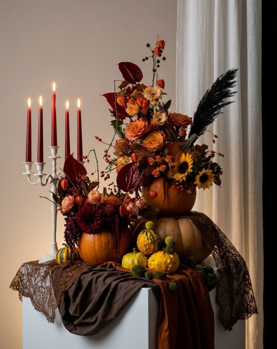 pumpkin-vase-arrangement-with-sunflowers-and-red-tapers