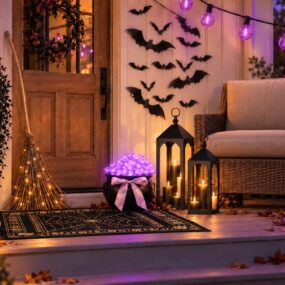 A front porch decorated for Halloween at dusk with a glowing purple cauldron, lit witch broom, wall of black bats, candle lanterns, pumpkins, wicker chair, and purple string lights.