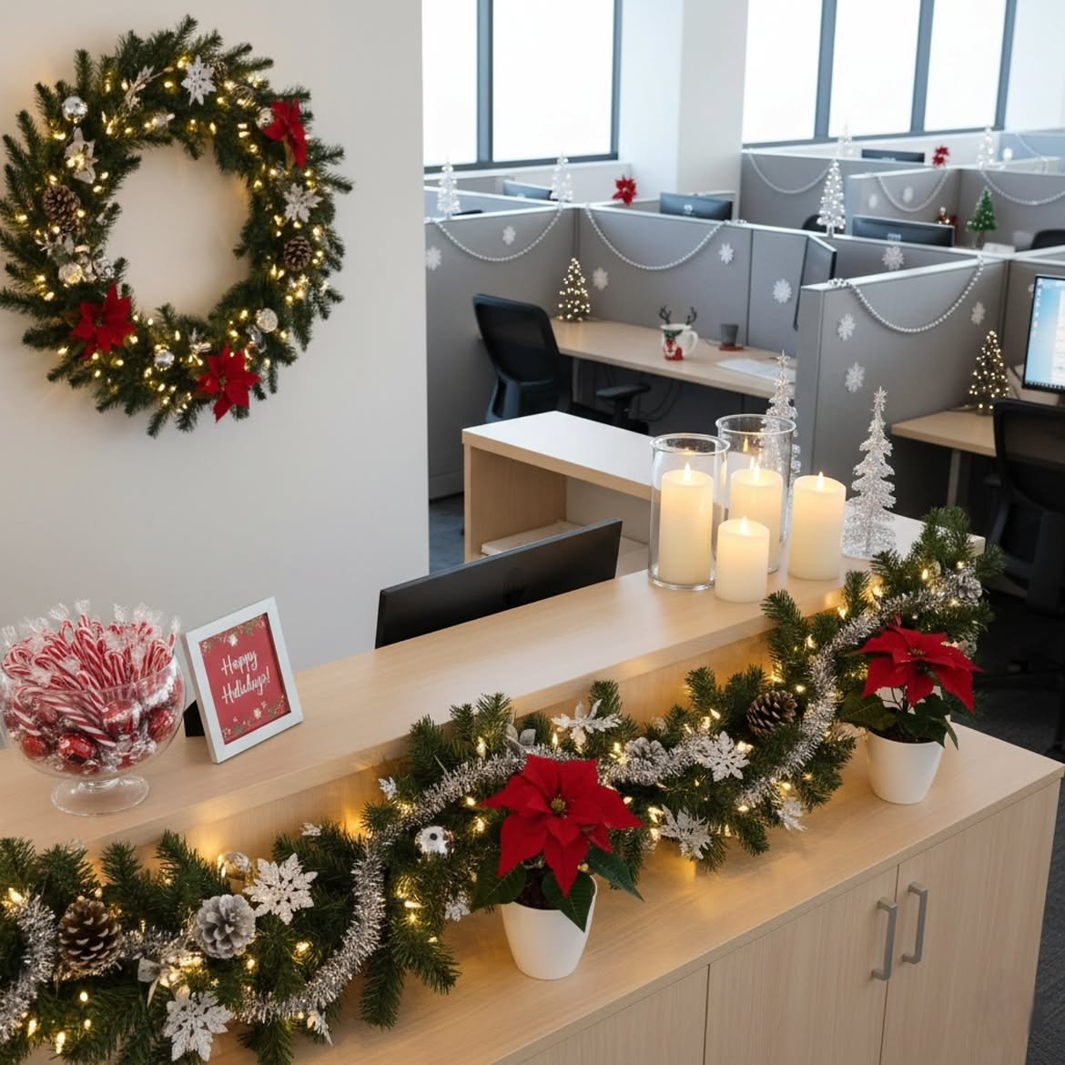 reception-desk-pine-garland-white-candles
