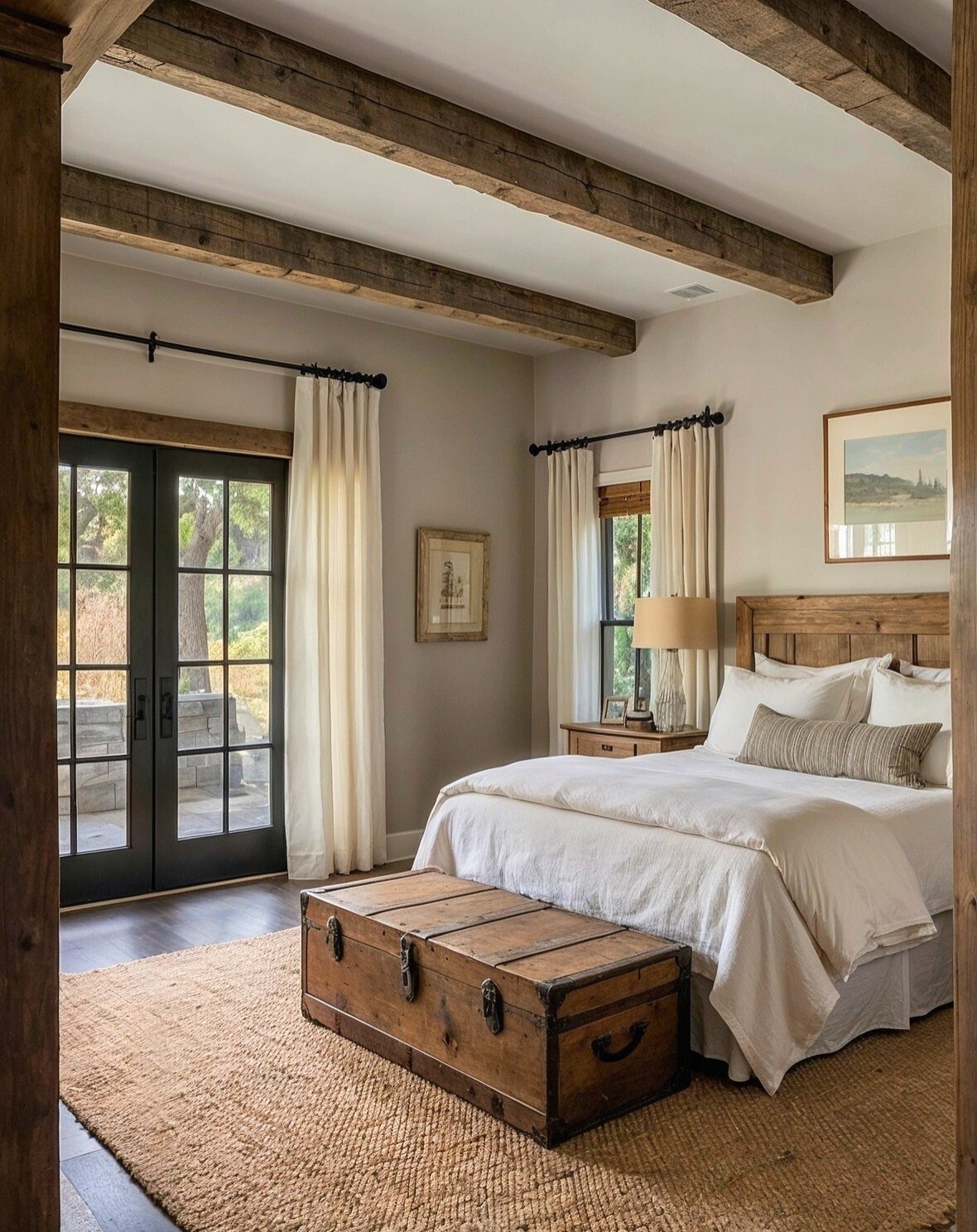reclaimed-wood-beams-white-bedding-country-bedroom