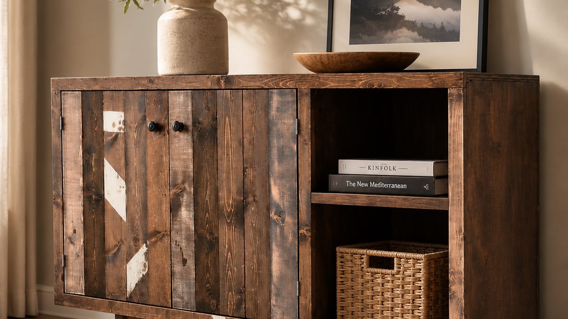 reclaimed-wood-sideboard-painted-white-accent-stripe-styled-vase