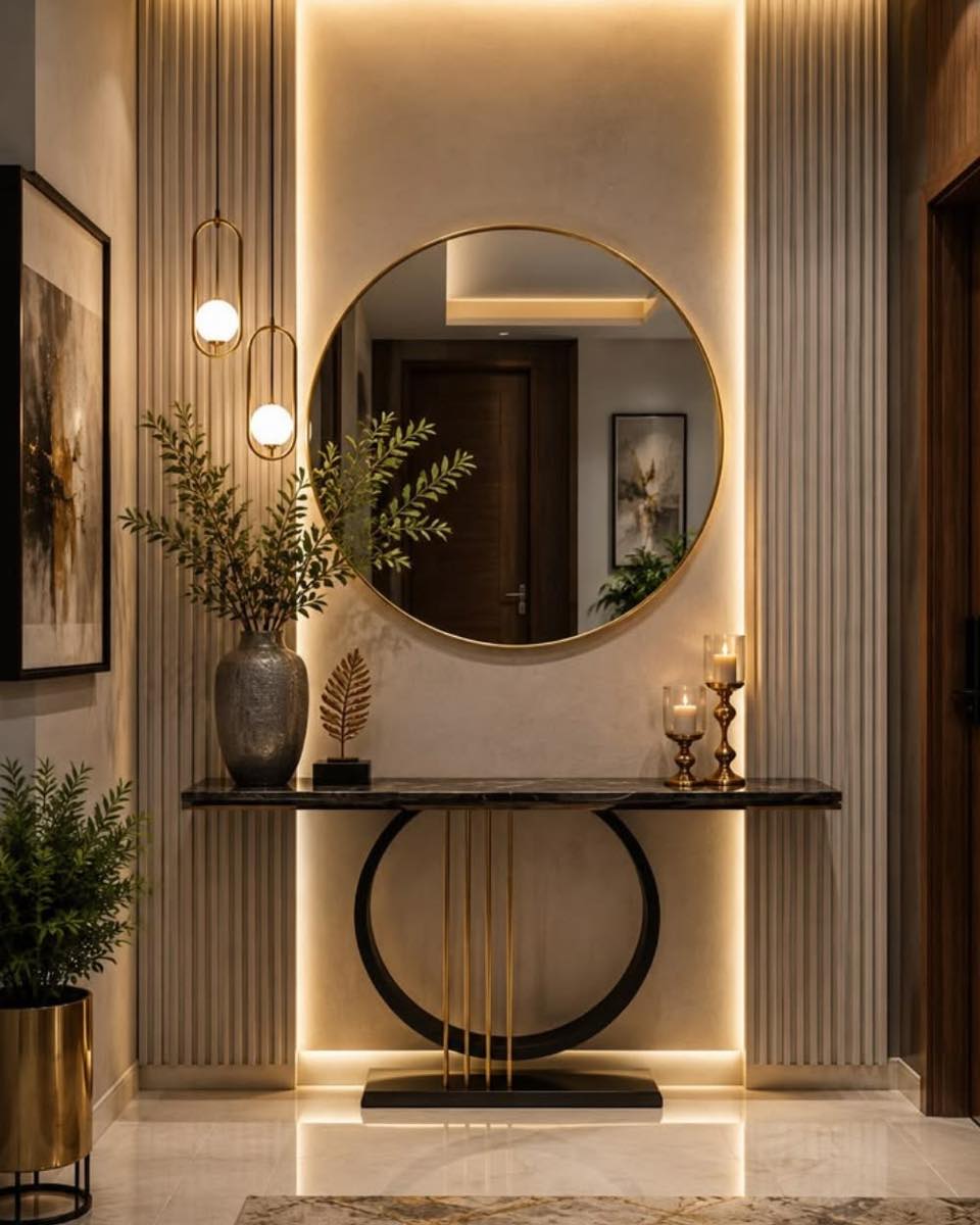round-brass-mirror-backlit-niche-foyer