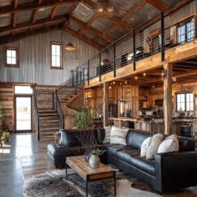 A barndominium interior with reclaimed wood walls, loft overlooking a black leather sectional on a cowhide rug, and an open kitchen.