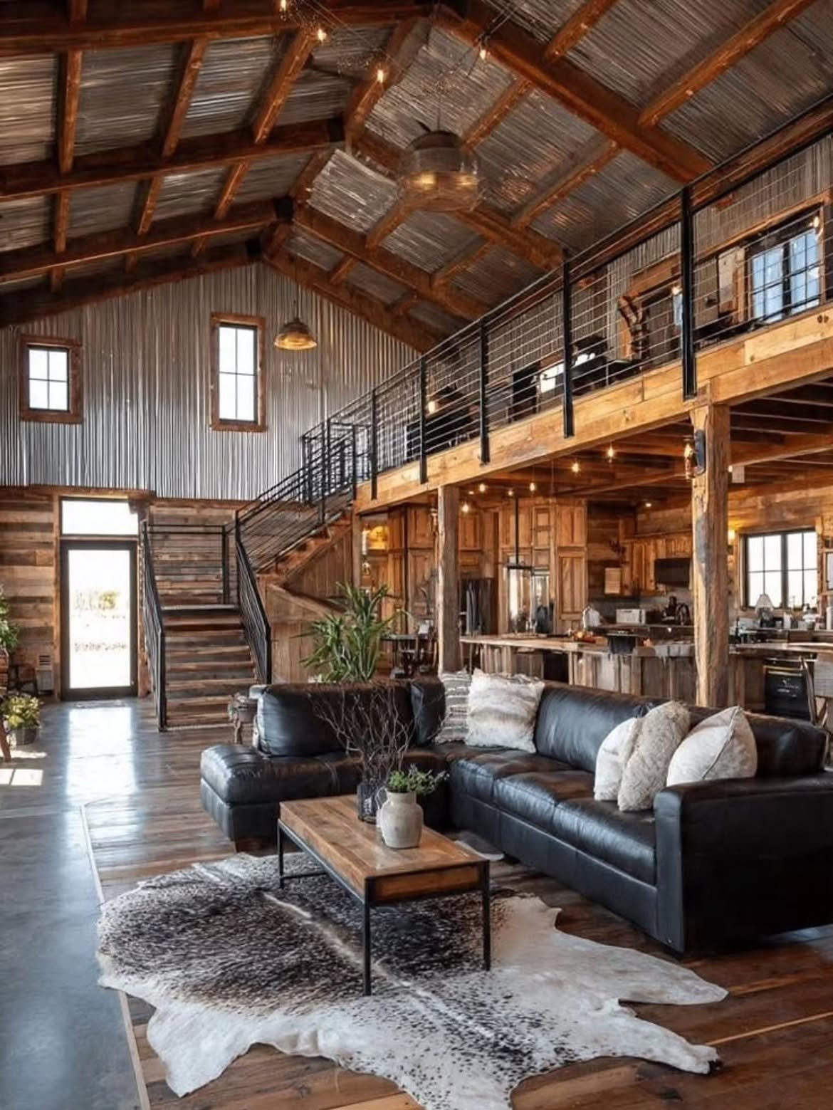 A barndominium interior with reclaimed wood walls, loft overlooking a black leather sectional on a cowhide rug, and an open kitchen.