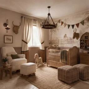 A western ranch-themed nursery with a wooden crib, farm scene wall mural, mounted cow and bull heads, cream glider, plaid ottomans, rocking horse, and iron wagon wheel chandelier.