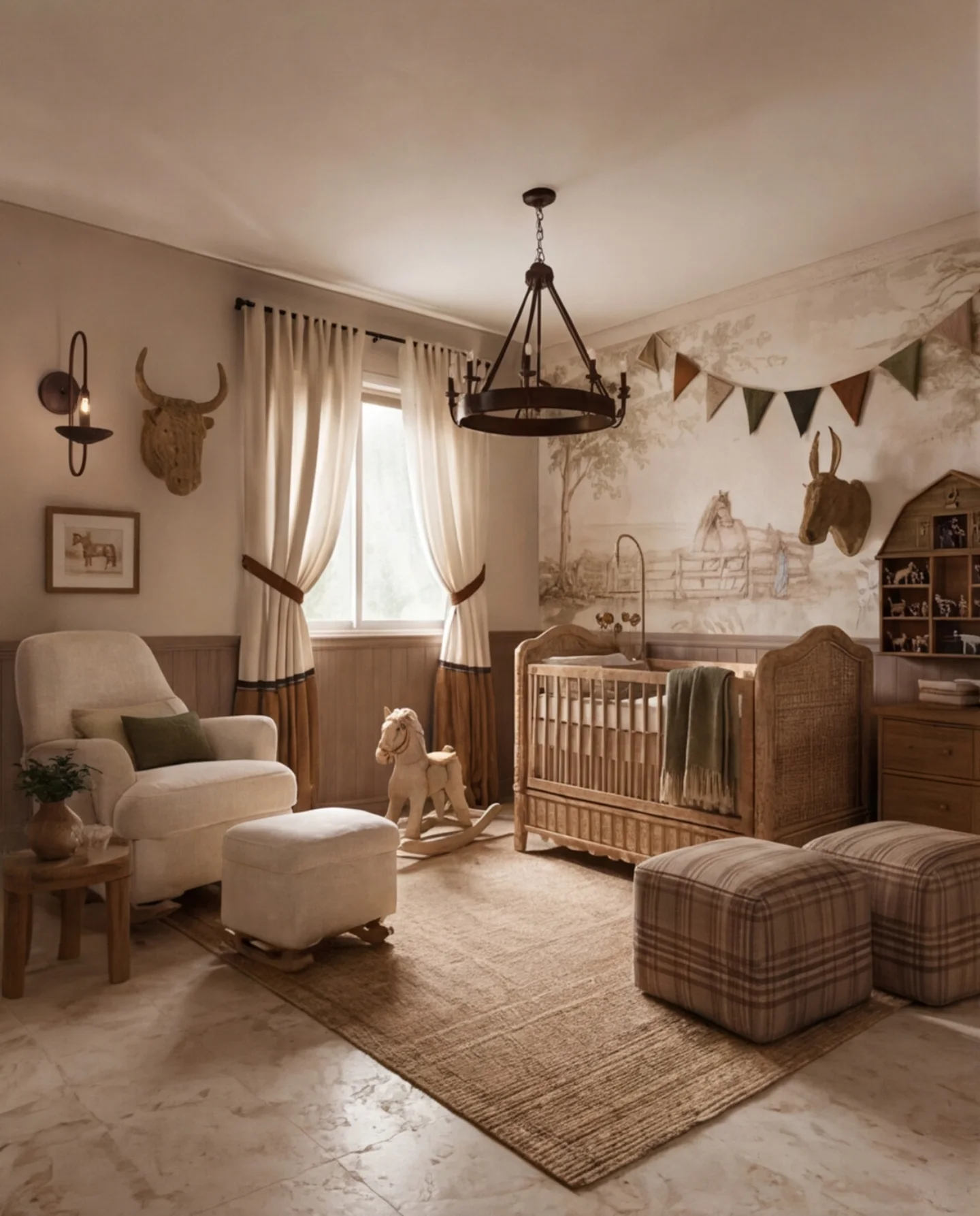 A western ranch-themed nursery with a wooden crib, farm scene wall mural, mounted cow and bull heads, cream glider, plaid ottomans, rocking horse, and iron wagon wheel chandelier.