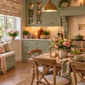 A cozy English cottage kitchen with sage green cabinets, brass dome pendant, white subway tile backsplash, floral window seat, wooden farmhouse table, and a flower centerpiece.