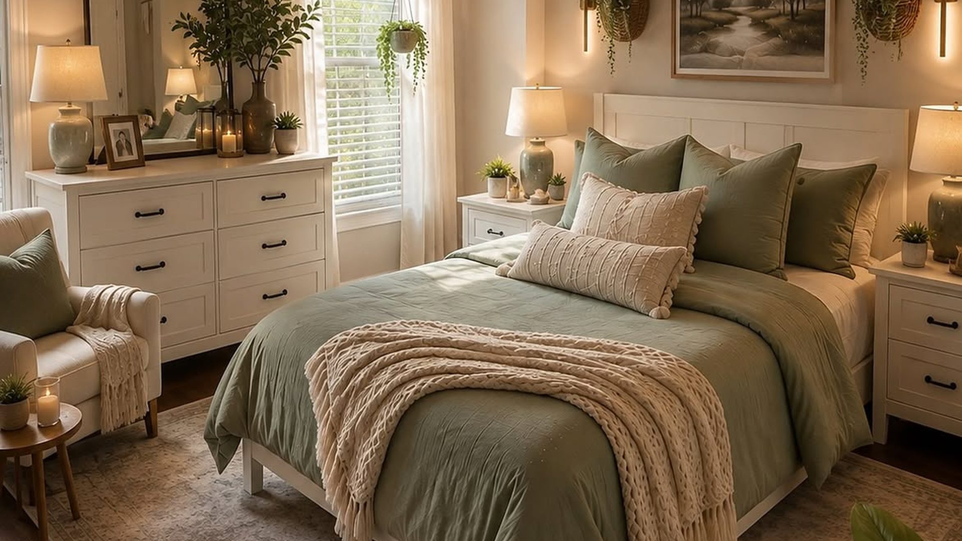 sage-green-linen-cottage-bedroom-rattan-pendant-hanging-plants-clean-aesthetic