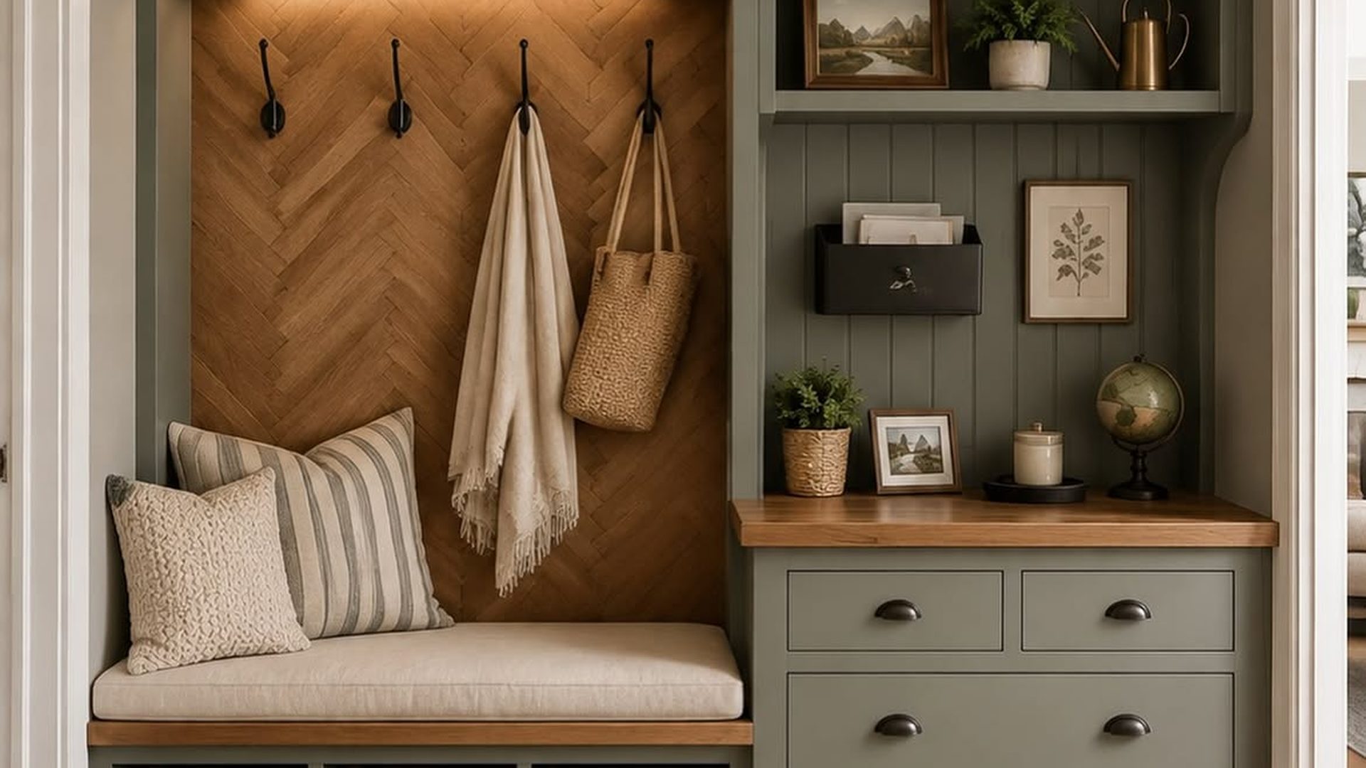 sage-green-mudroom-built-in-herringbone-wood-hooks-woven-baskets-bench-cushion