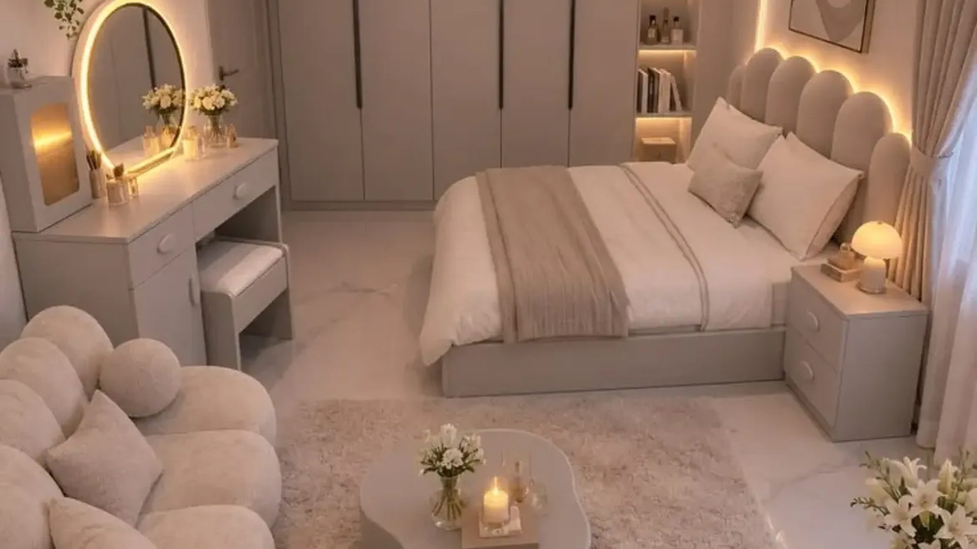 scalloped-headboard-cream-beige-bedroom-vanity-chandelier-clean-aesthetic