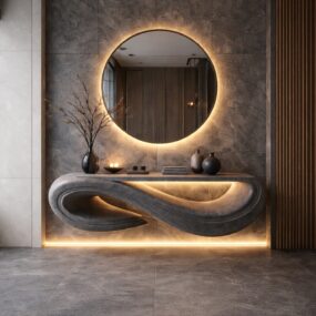 A dramatic entryway with a sculptural wavy stone console table, large backlit round mirror, gray marble wall, dark vases with branches, and warm hidden lighting underneath.