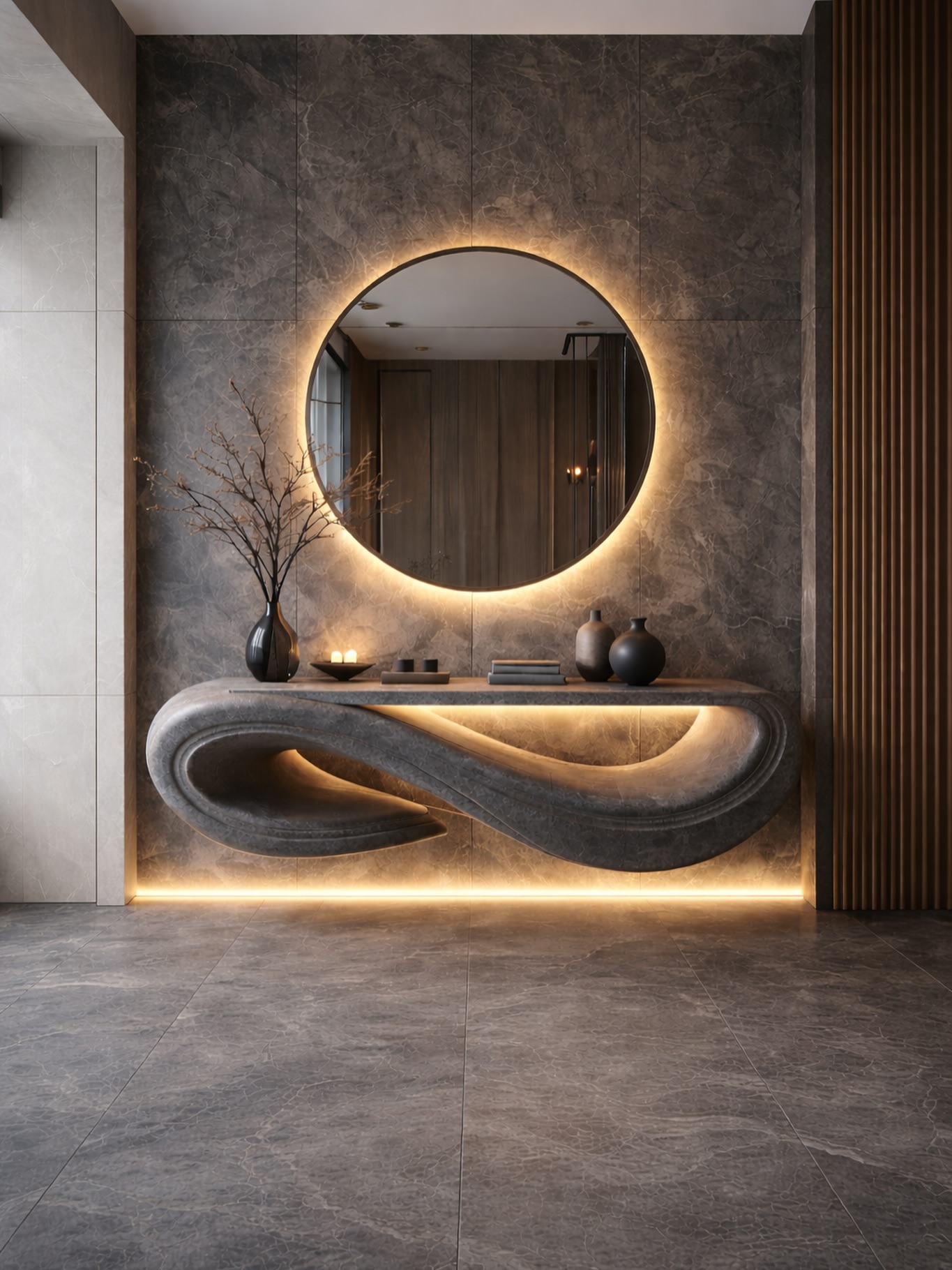 sculptural-stone-console-backlit-mirror-foyer