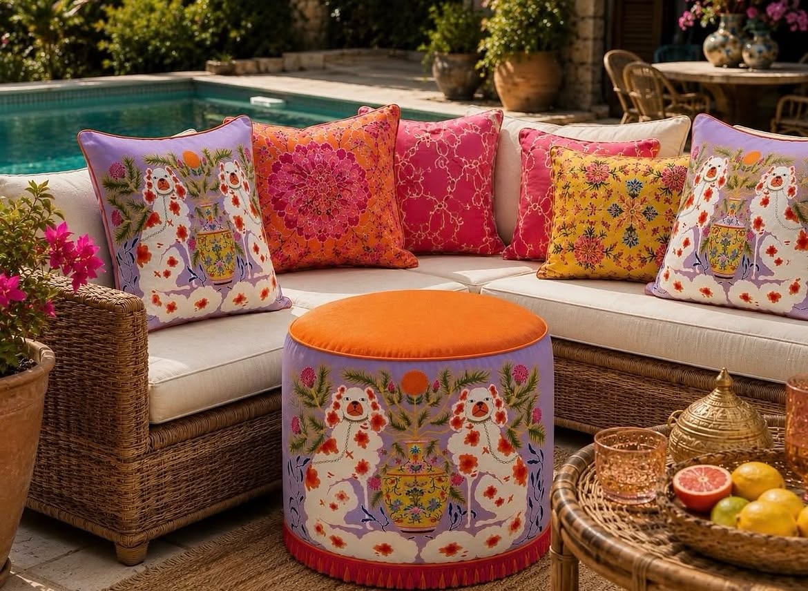 staffordshire-dog-pillows-pink-floral-cushions-poolside-wicker-sofa-ottoman