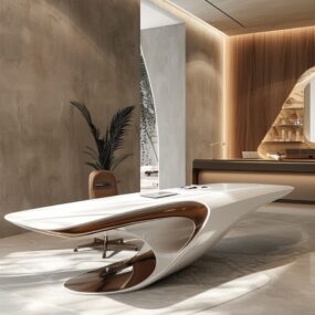A sculptural glossy white and copper swooping executive desk with a leather chair, set against plaster walls, wood feature wall, and arched doorway.