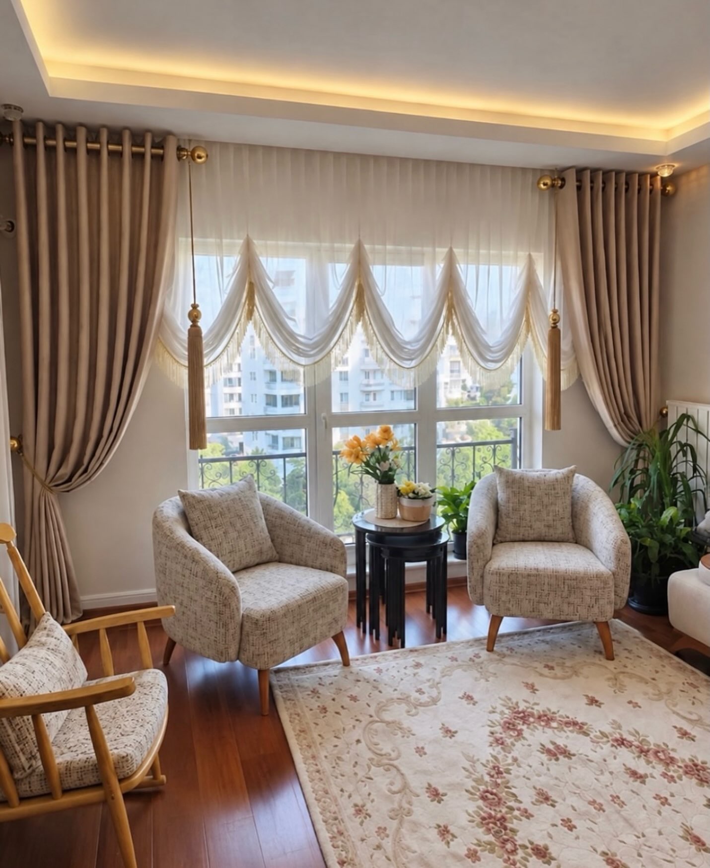 taupe-drapes-sheer-swag-curtains-living-room-ideas
