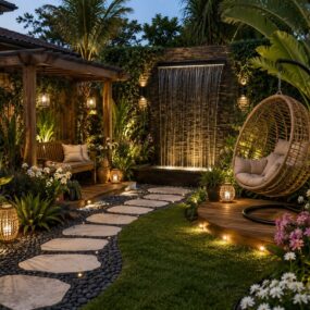 A tropical backyard at dusk with a tall stone waterfall wall, pergola bench, hanging rattan egg chair, and lit stepping-stone path.
