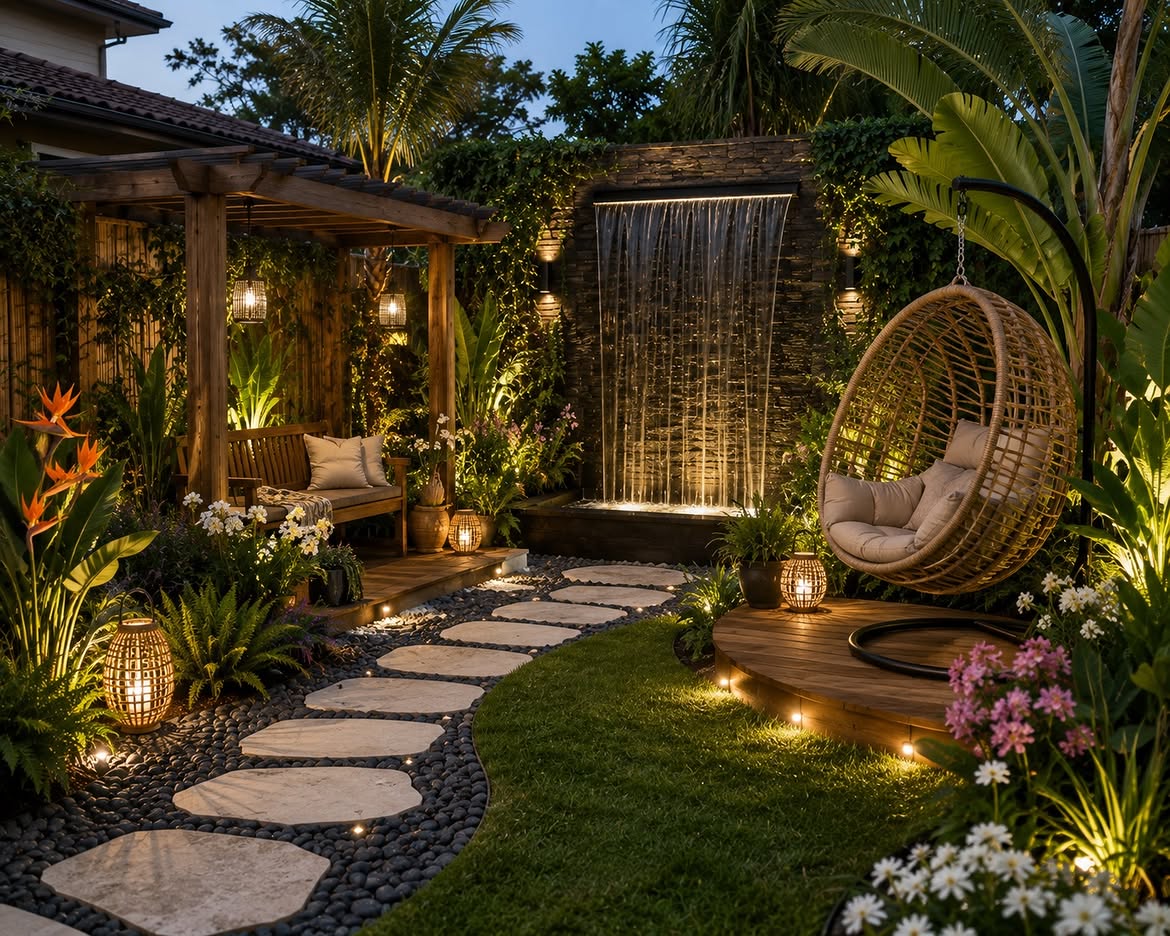 A tropical backyard at dusk with a tall stone waterfall wall, pergola bench, hanging rattan egg chair, and lit stepping-stone path.