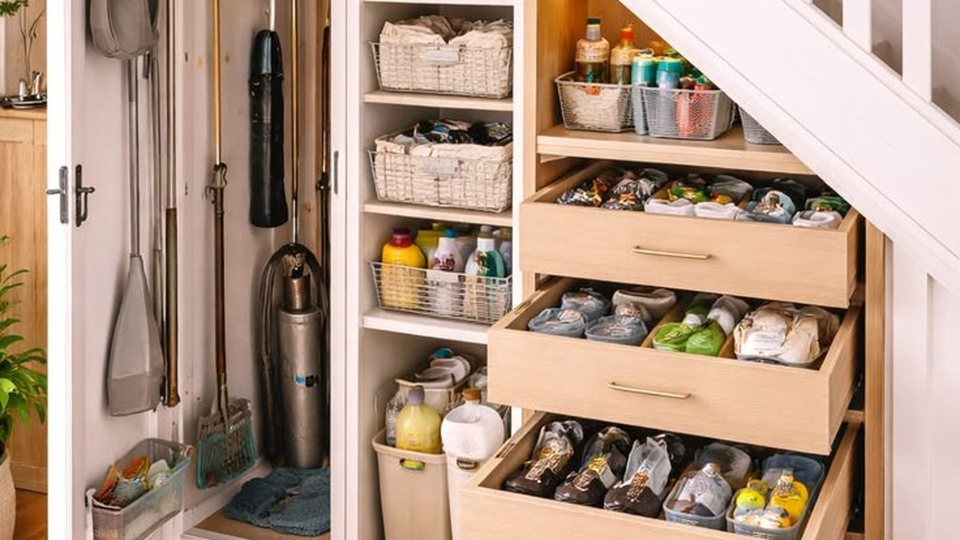 under-stair-cleaning-closet-pull-out-shoe-drawers-wire-baskets-mop-broom-storage