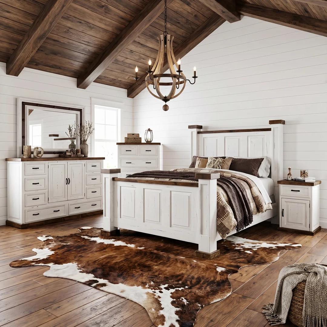 vaulted-ceiling-dark-wood-beams-cowhide-rug-country-bedroom