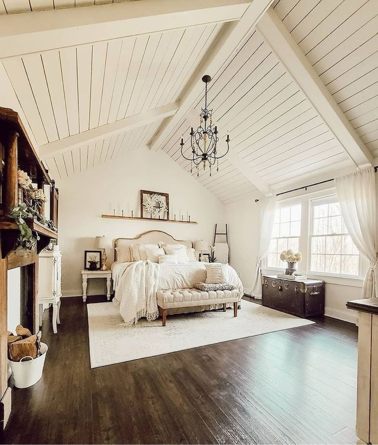 vaulted-shiplap-ceiling-white-walls-country-bedroom