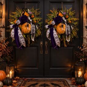 Two matching Halloween wreaths with velvet pumpkins, skeleton figures in striped pants, florals, and purple and spider-print bows hanging on black double doors flanked by candle lanterns.