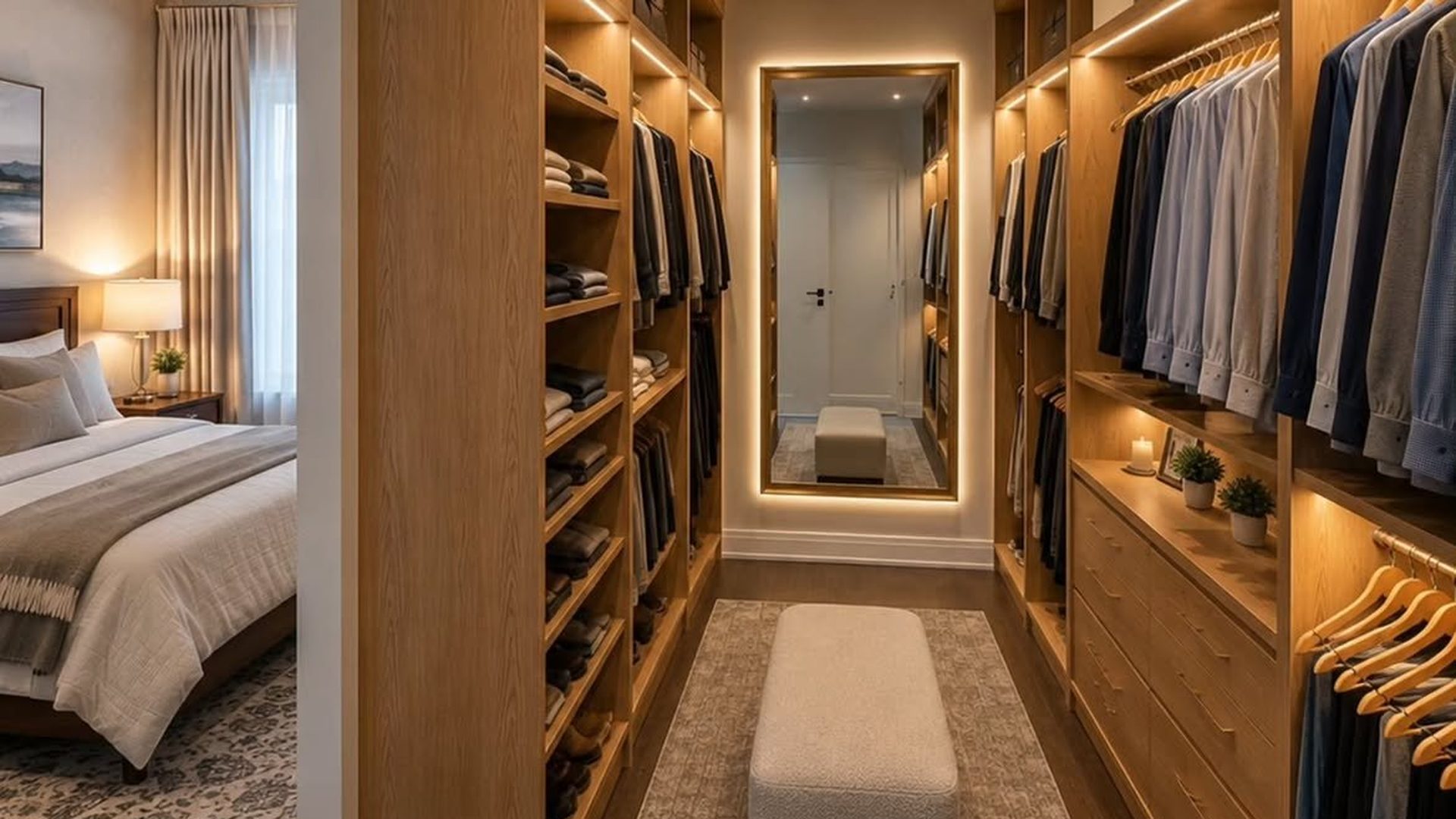 walk-in-closet-built-in-oak-shelving-led-strip-lighting-backlit-mirror-boucle-bench