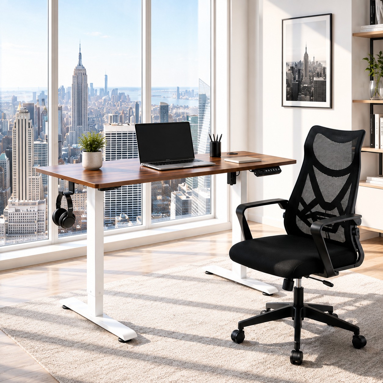 walnut-top-white-frame-electric-desk-design-ideas