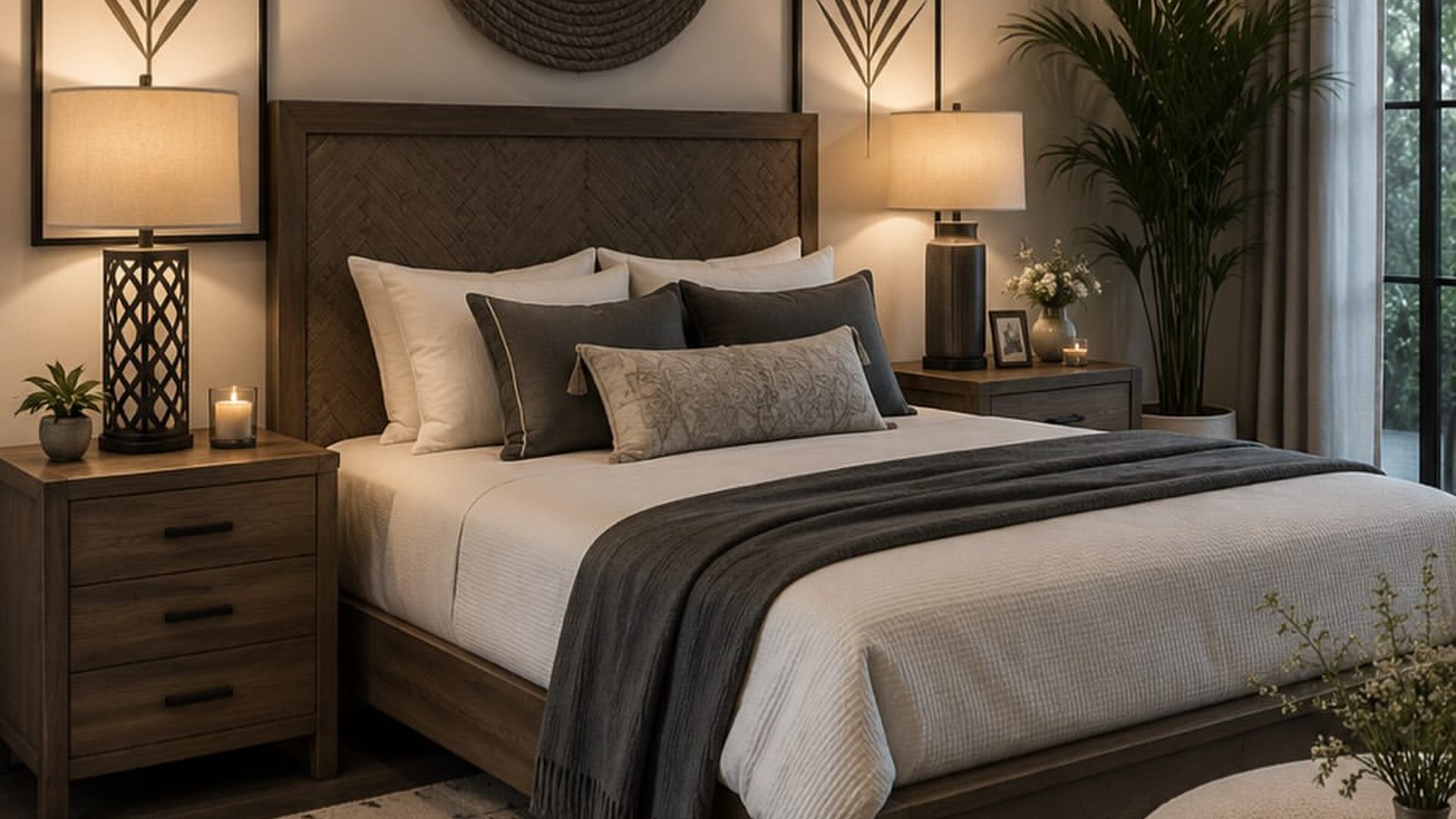 walnut-wood-bedroom-palm-leaf-prints-charcoal-throw-clean-aesthetic