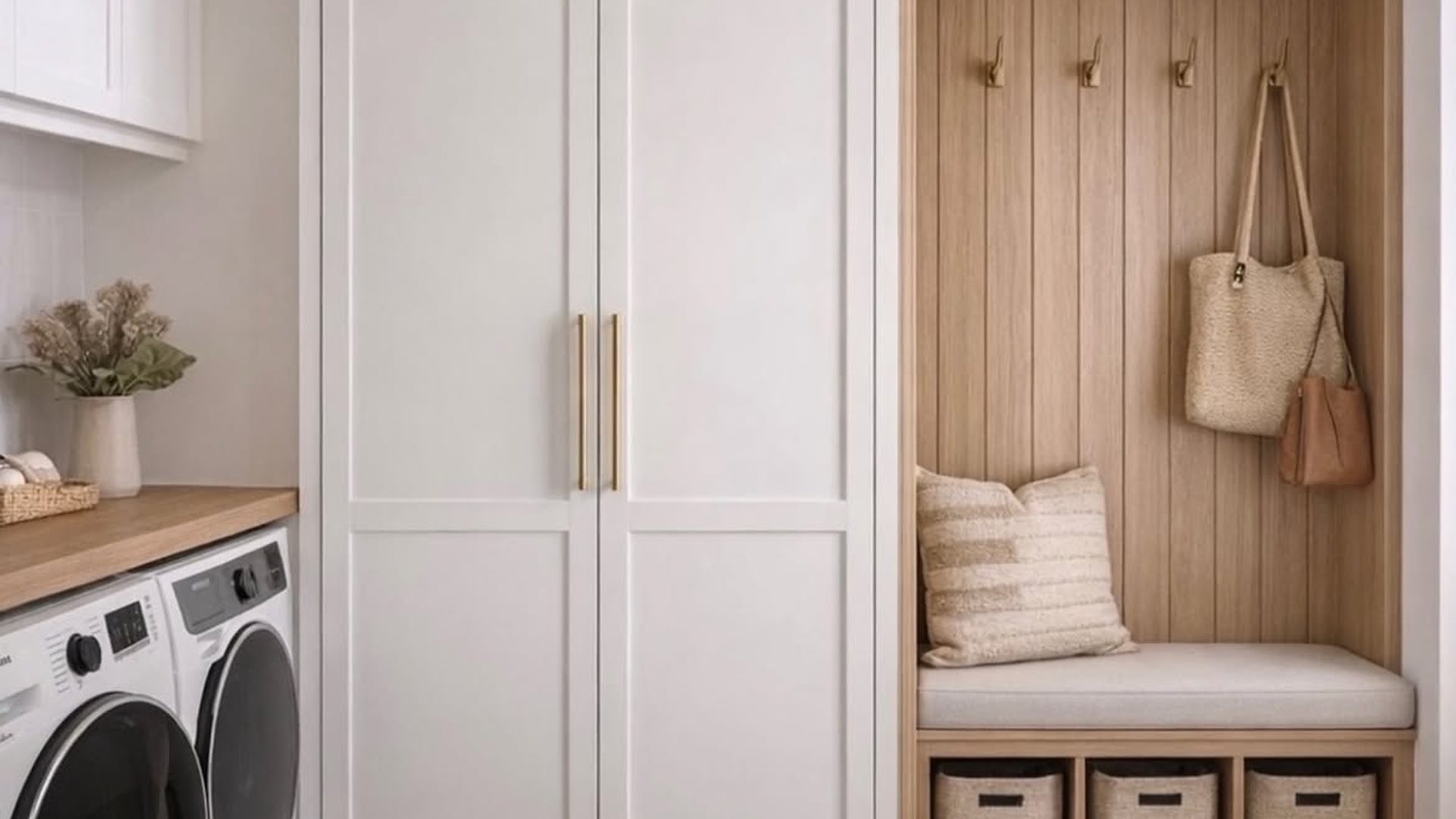 white-laundry-room-built-in-cabinet-oak-mudroom-bench-woven-baskets-rattan-pendant