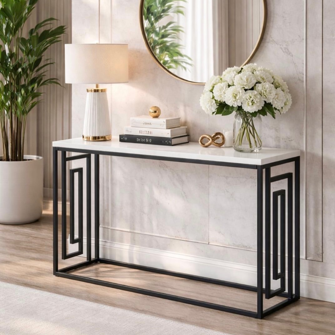 white-marble-black-geometric-console-table-hallway