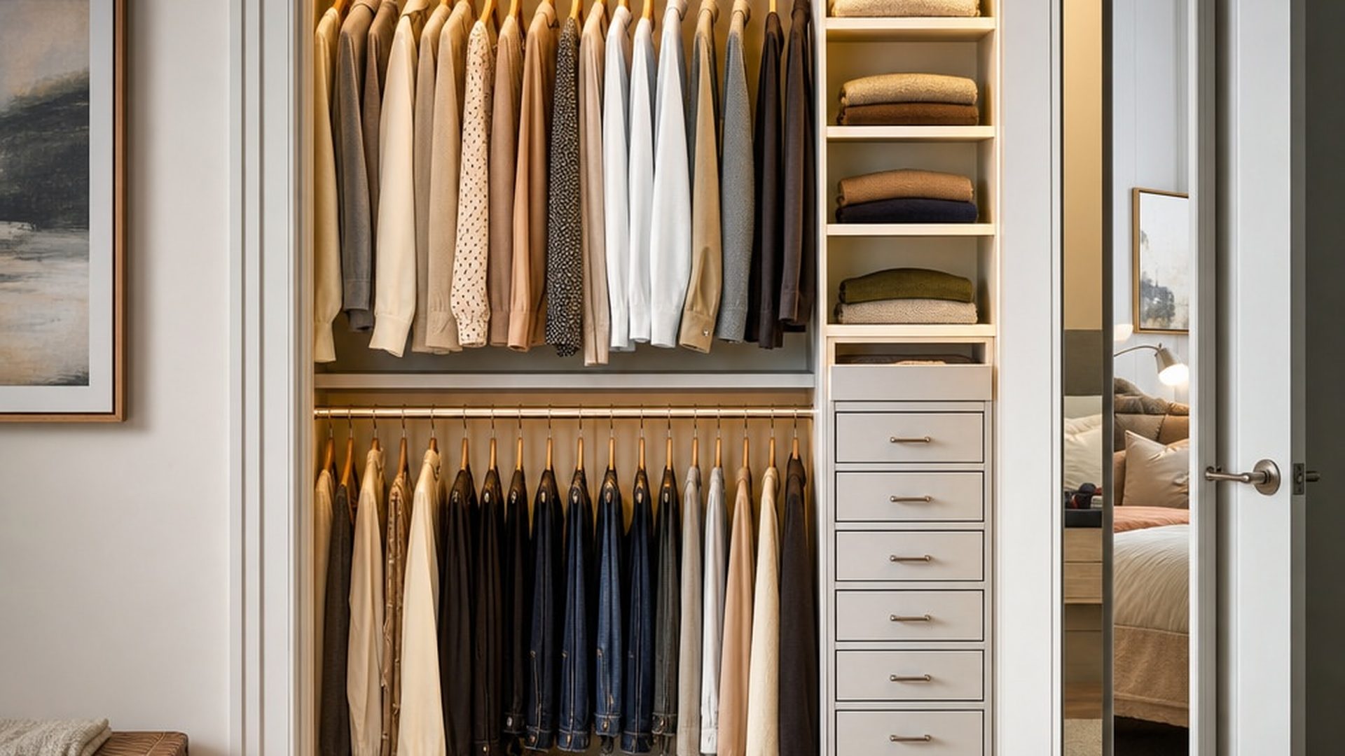 white-reach-in-closet-double-hanging-rods-shoe-shelf-drawer-tower-full-length-mirror