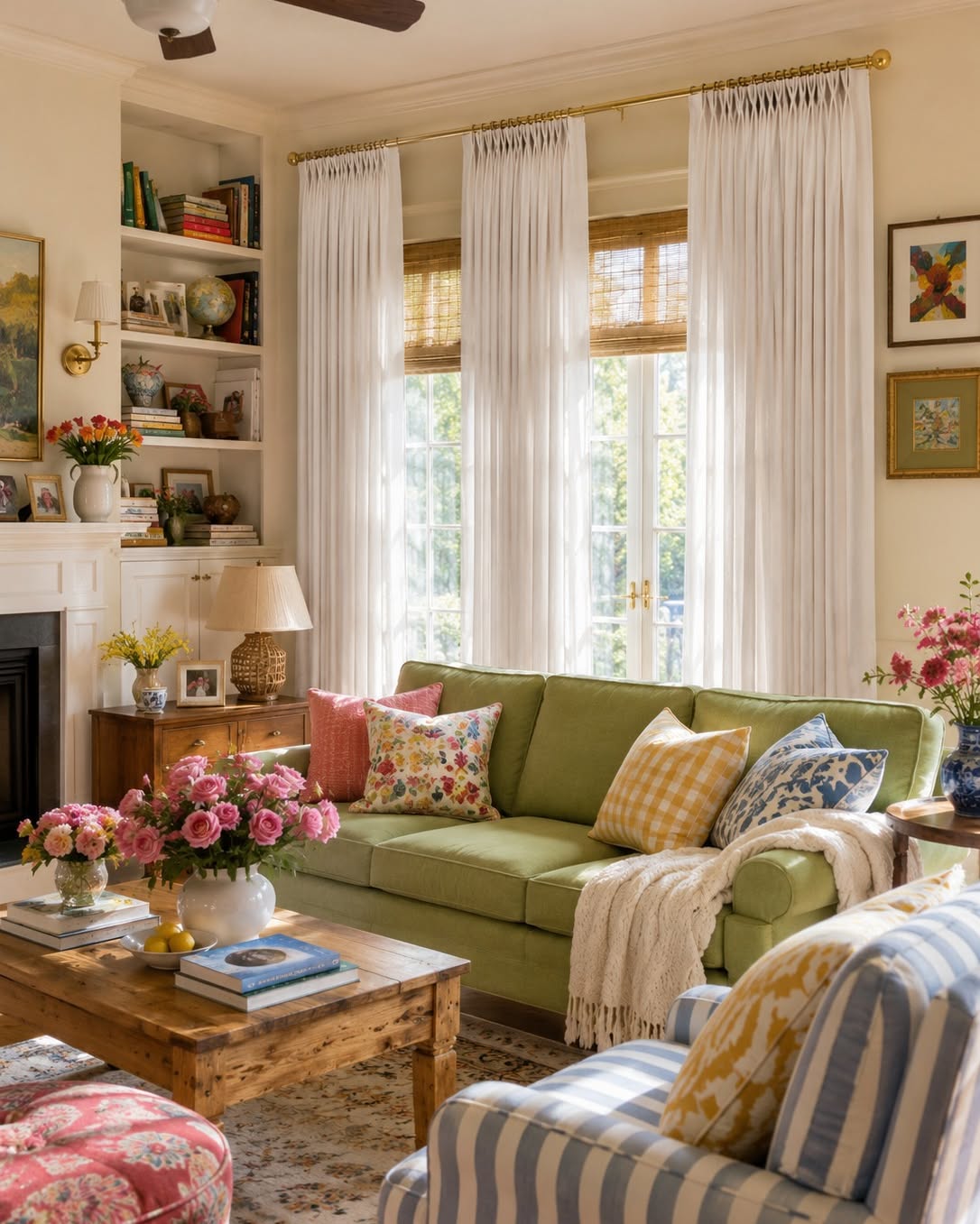 white-sheer-curtains-bamboo-shades-living-room-ideas