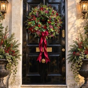 A glossy black front door with a lush berry and greenery wreath tied with a long red ribbon, flanked by gas lanterns and holiday urns.