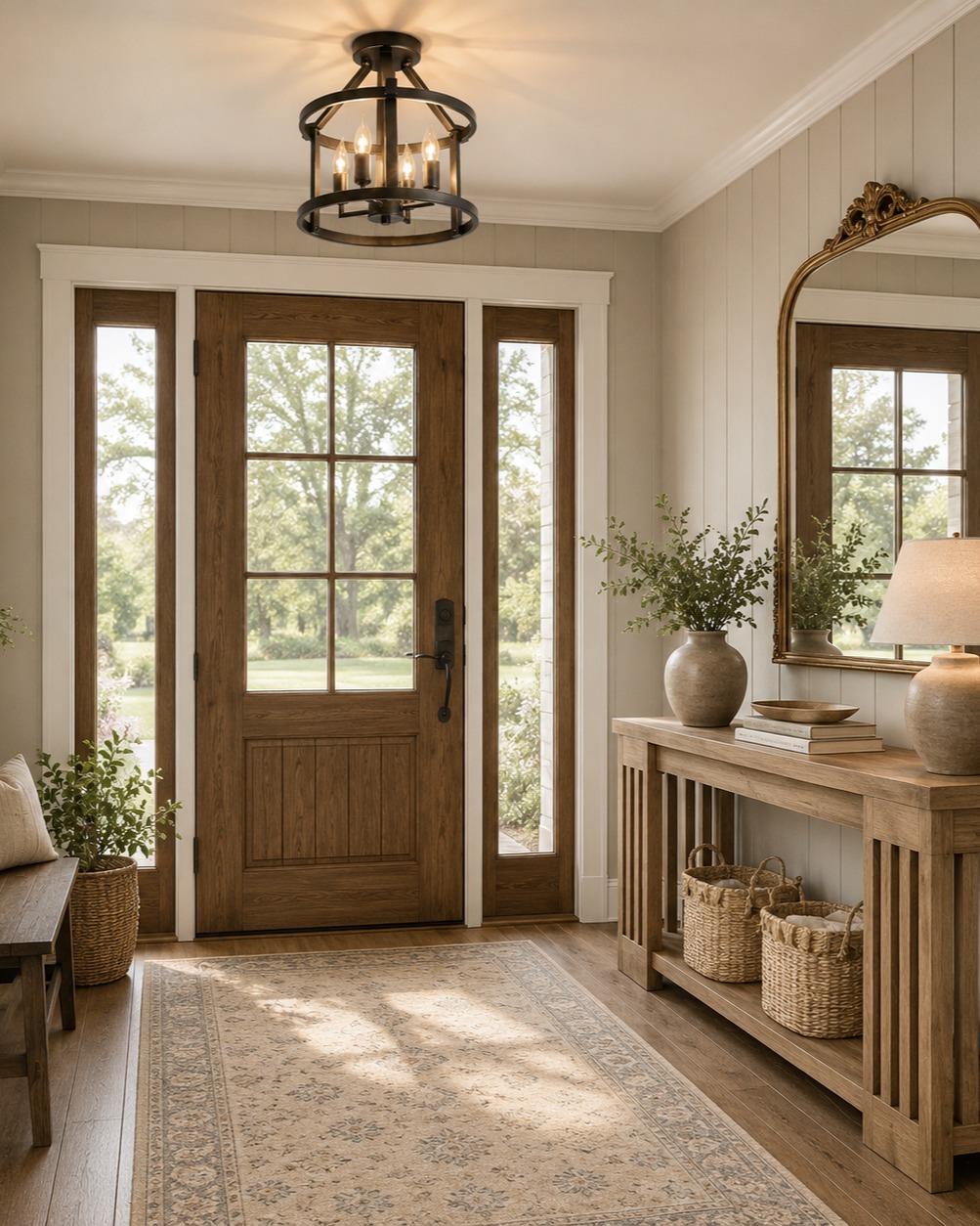 wood-door-baskets-underneath-foyer