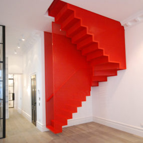 Amazing Bespoke Red Hot Perforated Steel Suspended Staircase by Diapo