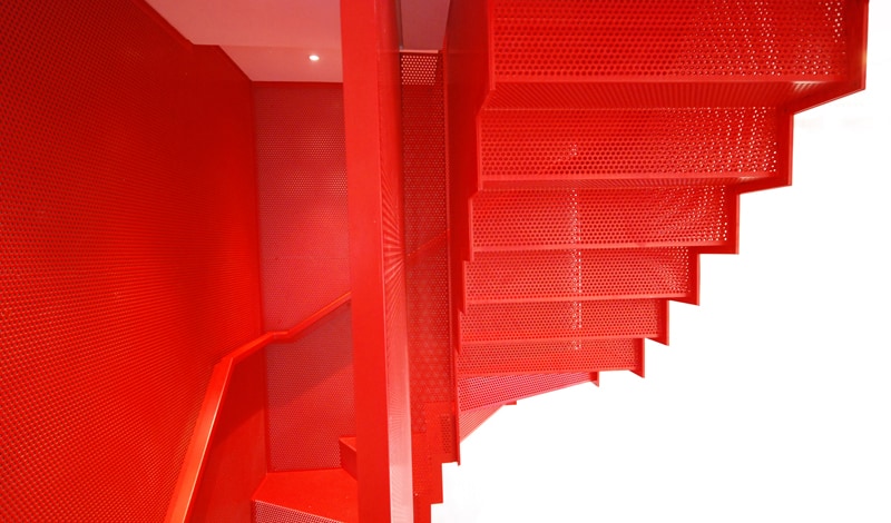 amazing bespoke red hot perforated steel suspended staircase diapo 9 underside