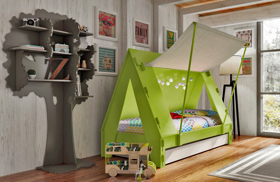 Trundle Bed for Children Creatively Closes into Private Tent with Light