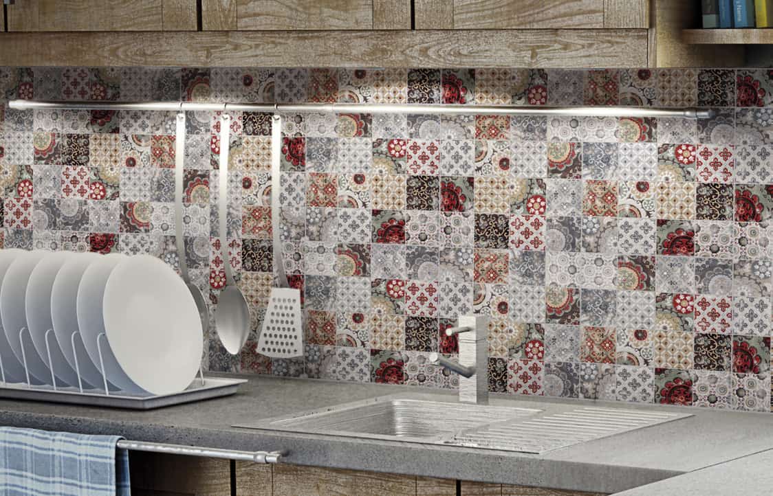 artistic tile homestead kitchen backsplash patchwork red