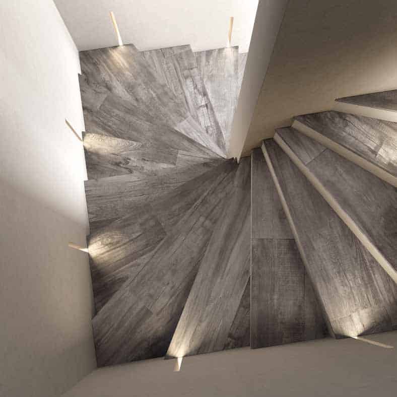 weathered wood look porcelain tile staircase abk